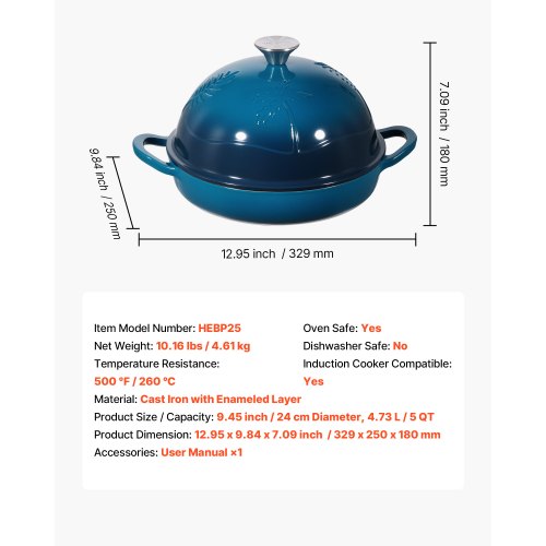 Enameled Cast Iron Dutch Oven 5 Quart Pot for Sourdough Bread Baking