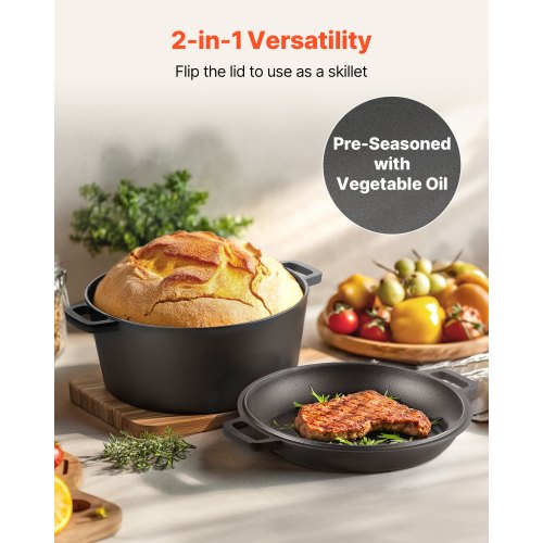 Cast Iron Dutch Oven 2in1 PreSeasoned Pot with Skillet Lid 5QT Cookware