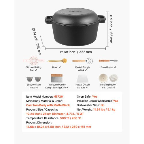 Cast Iron Dutch Oven 2in1 PreSeasoned Pot with Skillet Lid 5QT Cookware