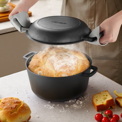 Cast Iron Dutch Oven 2in1 PreSeasoned Pot with Skillet Lid 5QT Cookware