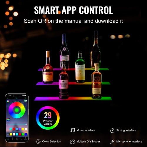 LED Lighted Liquor Bottle Display Bar Shelf RF App Control 24 3Step – 4 FT