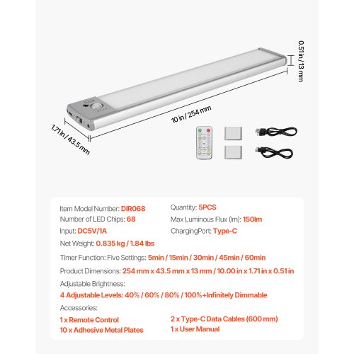 Under Cabinet Lighting 5 PCS 68 LED Motion Sensor Lights Rechargeable
