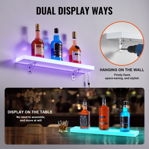LED Lighted Liquor Bottle Display 1 Tier 24 Inch Wall Mounted Whiskey Rack