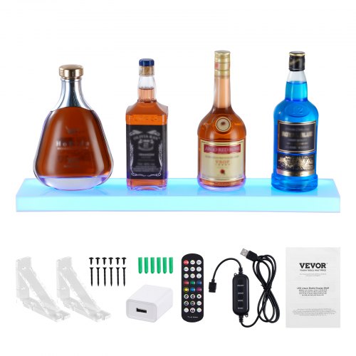 LED Lighted Liquor Bottle Display 1 Tier 24 Inch Wall Mounted Whiskey Rack