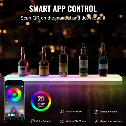 LED Lighted Liquor Bottle Display 1 Tier 40 Inch Wall Mounted Whiskey Rack