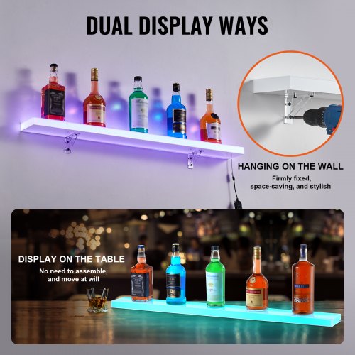 LED Lighted Liquor Bottle Display 1 Tier 40 Inch Wall Mounted Whiskey Rack