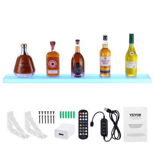 LED Lighted Liquor Bottle Display 1 Tier 40 Inch Wall Mounted Whiskey Rack