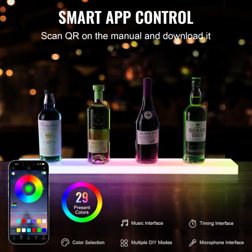 LED Lighted Liquor Bottle Display 1 Tier 30 Inch Wall Mounted Whiskey Rack