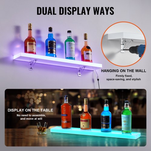 LED Lighted Liquor Bottle Display 1 Tier 30 Inch Wall Mounted Whiskey Rack