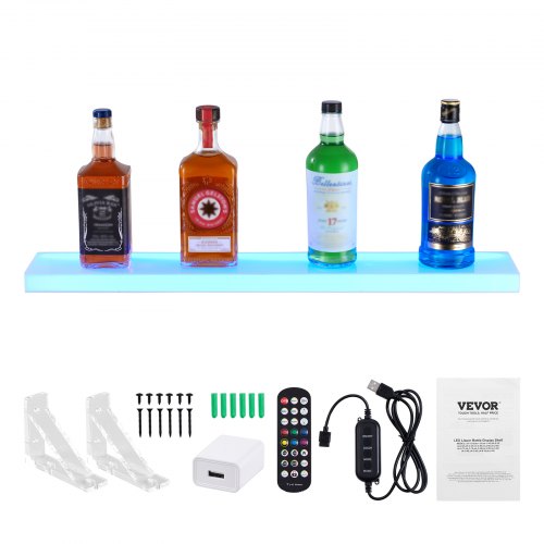 LED Lighted Liquor Bottle Display 1 Tier 30 Inch Wall Mounted Whiskey Rack