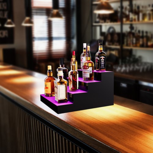 LED Lighted Liquor Bottle Display 4 Tiers 16 Inch Commercial Illuminated