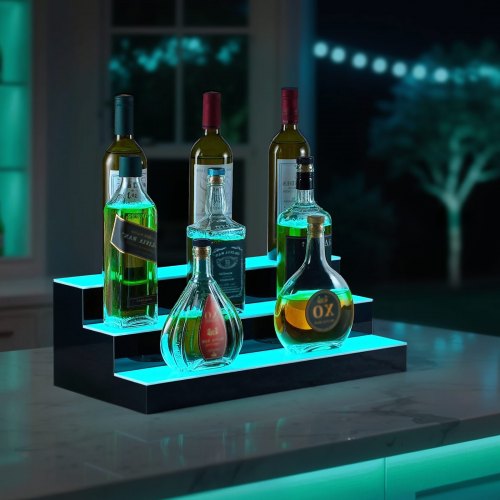 LED Lighted Liquor Bottle Display 3 Tiers 20 Inches Whiskey Rack Supports