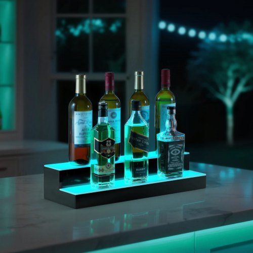 LED Lighted Liquor Bottle Display 2 Tiers 20 Inches Whiskey Rack Supports