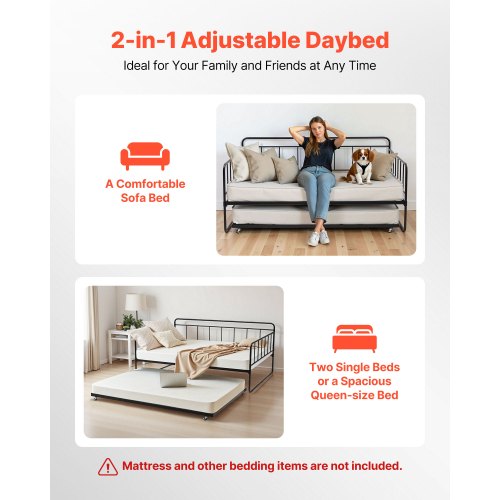 Full Size Daybed Frame Day Bed with Trundle Heavy Duty Metal Platform Bed