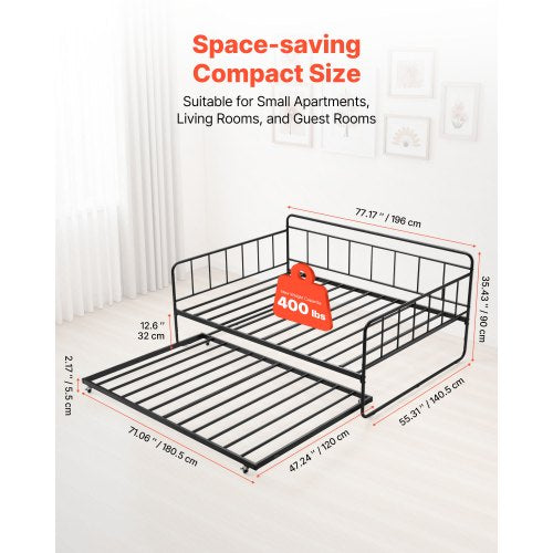 Full Size Daybed Frame Day Bed with Trundle Heavy Duty Metal Platform Bed