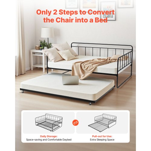 Full Size Daybed Frame Day Bed with Trundle Heavy Duty Metal Platform Bed