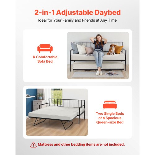 Twin Size Daybed Frame Height Adjustable Day Bed with Trundle Heavy Duty