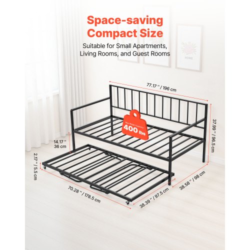 Twin Size Daybed Frame Height Adjustable Day Bed with Trundle Heavy Duty