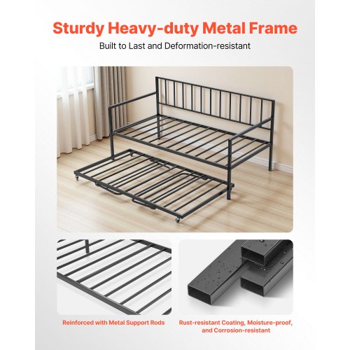 Twin Size Daybed Frame Height Adjustable Day Bed with Trundle Heavy Duty