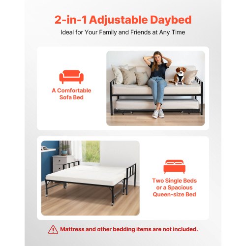 Twin Size Daybed Frame Day Bed With Trundle Heavy Duty Metal Platform Slats
