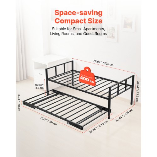 Twin Size Daybed Frame Day Bed With Trundle Heavy Duty Metal Platform Slats