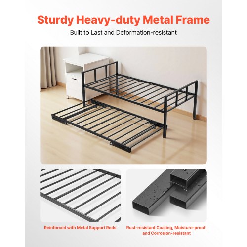 Twin Size Daybed Frame Day Bed With Trundle Heavy Duty Metal Platform Slats