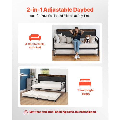 Twin Size Daybed Frame Day Bed With Trundle Heavy Duty Metal Platform Charging