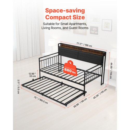 Twin Size Daybed Frame Day Bed With Trundle Heavy Duty Metal Platform Charging