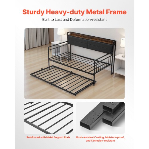 Twin Size Daybed Frame Day Bed With Trundle Heavy Duty Metal Platform Charging