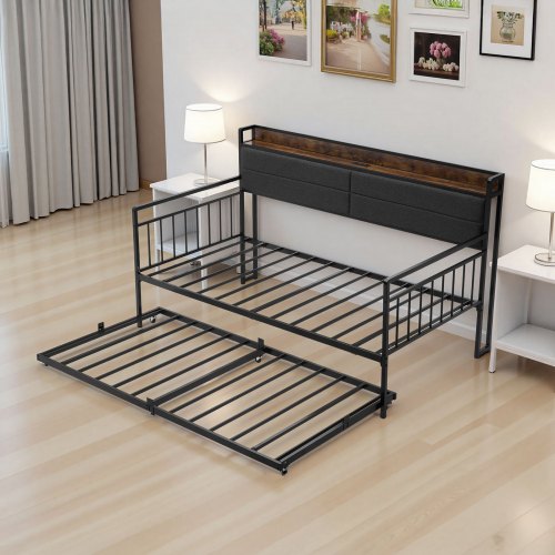 Twin Size Daybed Frame Day Bed With Trundle Heavy Duty Metal Platform Charging