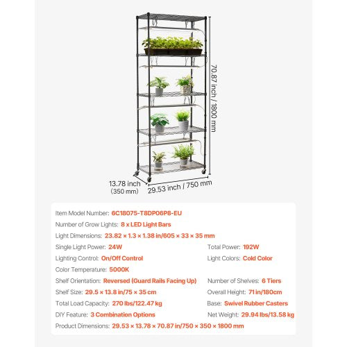 Diy Plant Shelf With Grow Lights 71 In Tall Indoor Stand Wheels 192W 5000K