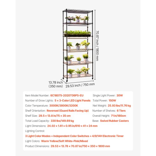 Plant Shelf With Grow Light 6Tier Indoor Stand 71In Tall Plants Display Rack