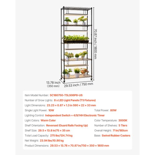 Plant Shelf with Grow Light 6Tier Indoor Plant Stand 71 in Tall Plants