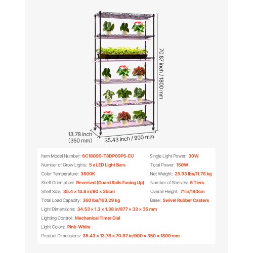 Plant Shelf with Grow Light 6Tier Indoor Plant Stand 71in Tall Indoor