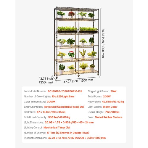 Plant Shelf with Grow Light 6Tier DoubleRow Plant Stand 71in Tall Indoor