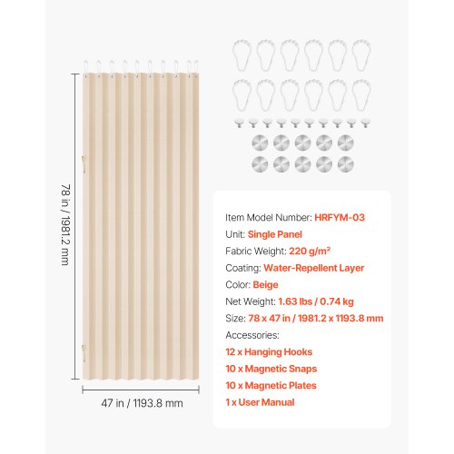 Accordion Door 47 x 78 inch Blackout Fabric Folding Magnetic Door Curtain