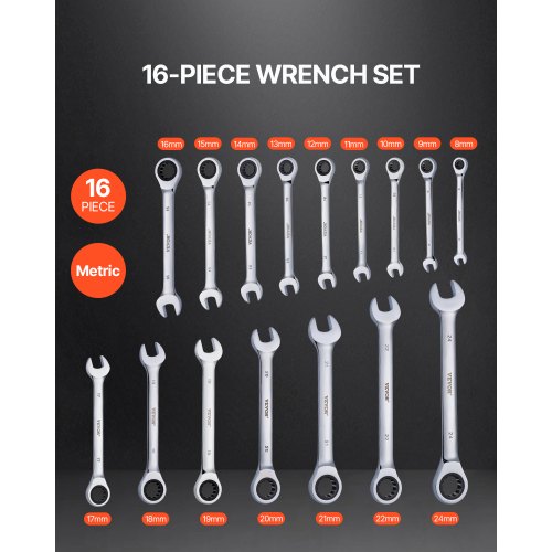 Combination Wrench Set 16Piece Metric 8 mm to 24 mm with Organizer Rack