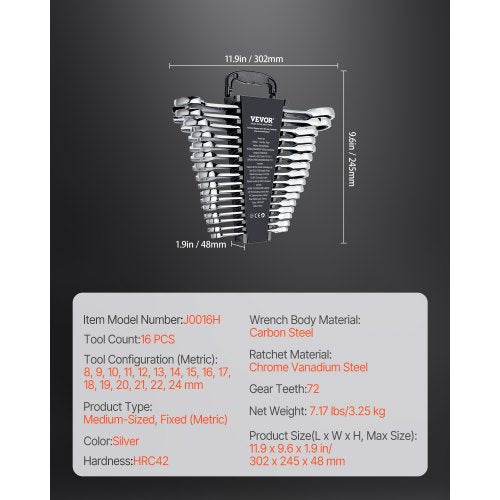 Combination Wrench Set 16Piece Metric 8 mm to 24 mm with Organizer Rack