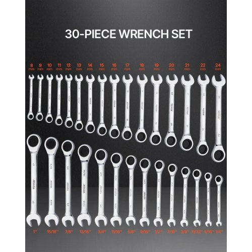 Combination Wrench Set 30Piece Ratcheting Wrench Set with Organizer Rack