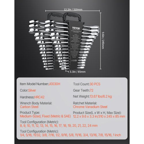 Combination Wrench Set 30Piece Ratcheting Wrench Set with Organizer Rack