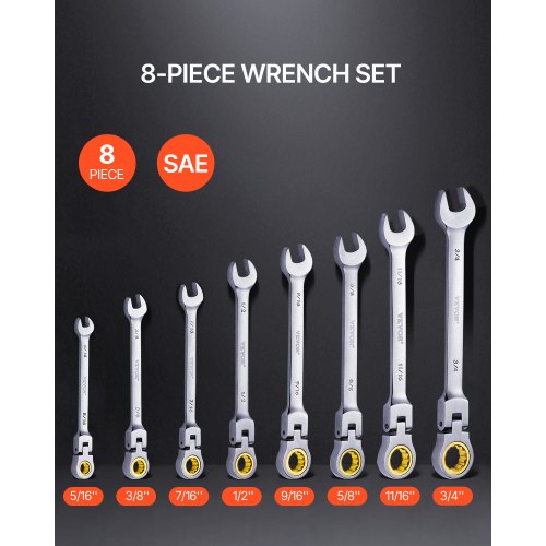 FlexHead Ratcheting Wrench Set 8piece Combination Wrench Set with Rollup