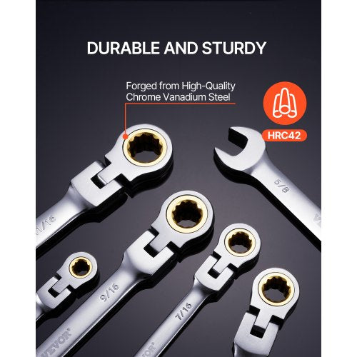 FlexHead Ratcheting Wrench Set 8piece Combination Wrench Set with Rollup