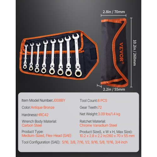 FlexHead Ratcheting Wrench Set 8piece Combination Wrench Set with Rollup