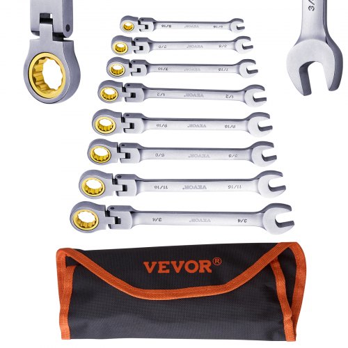 FlexHead Ratcheting Wrench Set 8piece Combination Wrench Set with Rollup