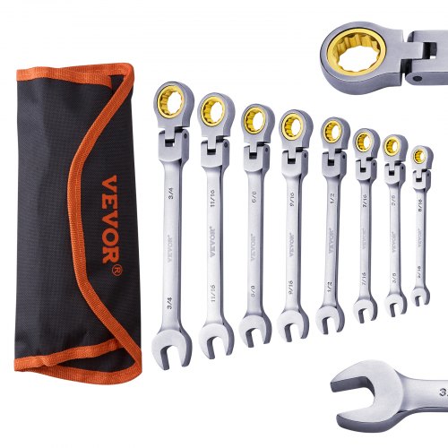 FlexHead Ratcheting Wrench Set 8piece Combination Wrench Set with Rollup