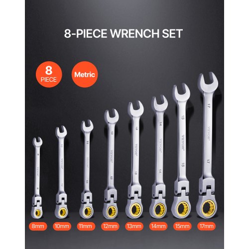 FlexHead Ratcheting Wrench Set 8piece Combination Wrench Set with Rollup
