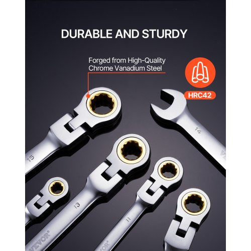 FlexHead Ratcheting Wrench Set 8piece Combination Wrench Set with Rollup