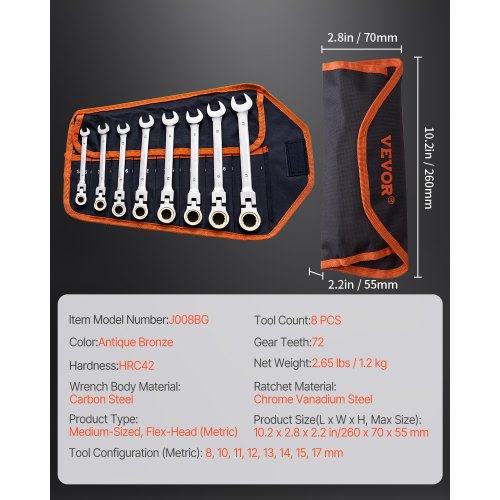 FlexHead Ratcheting Wrench Set 8piece Combination Wrench Set with Rollup