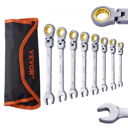 FlexHead Ratcheting Wrench Set 8piece Combination Wrench Set with Rollup