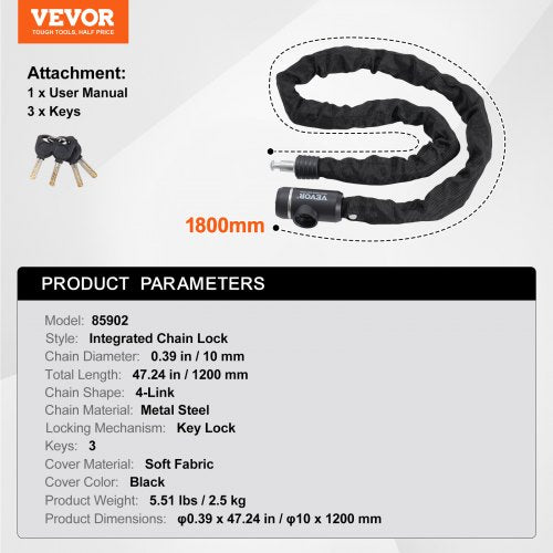 Bike Chain Lock 394 Ft Combination Bicycle Chain Lock with 3 Keys Heavy
